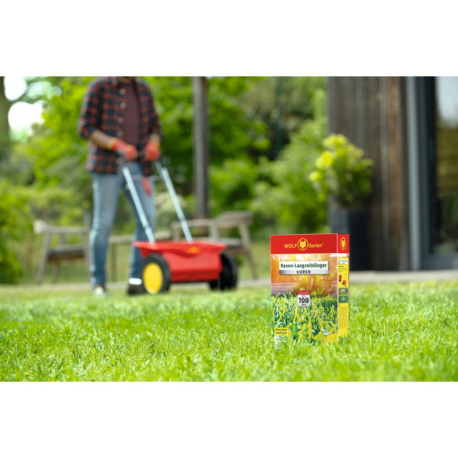 WOLF-Garten Long-Term Lawn Fertilizer "Super"" R-LD 100 folding box standing on a lawn with a man using a spreader in the background"