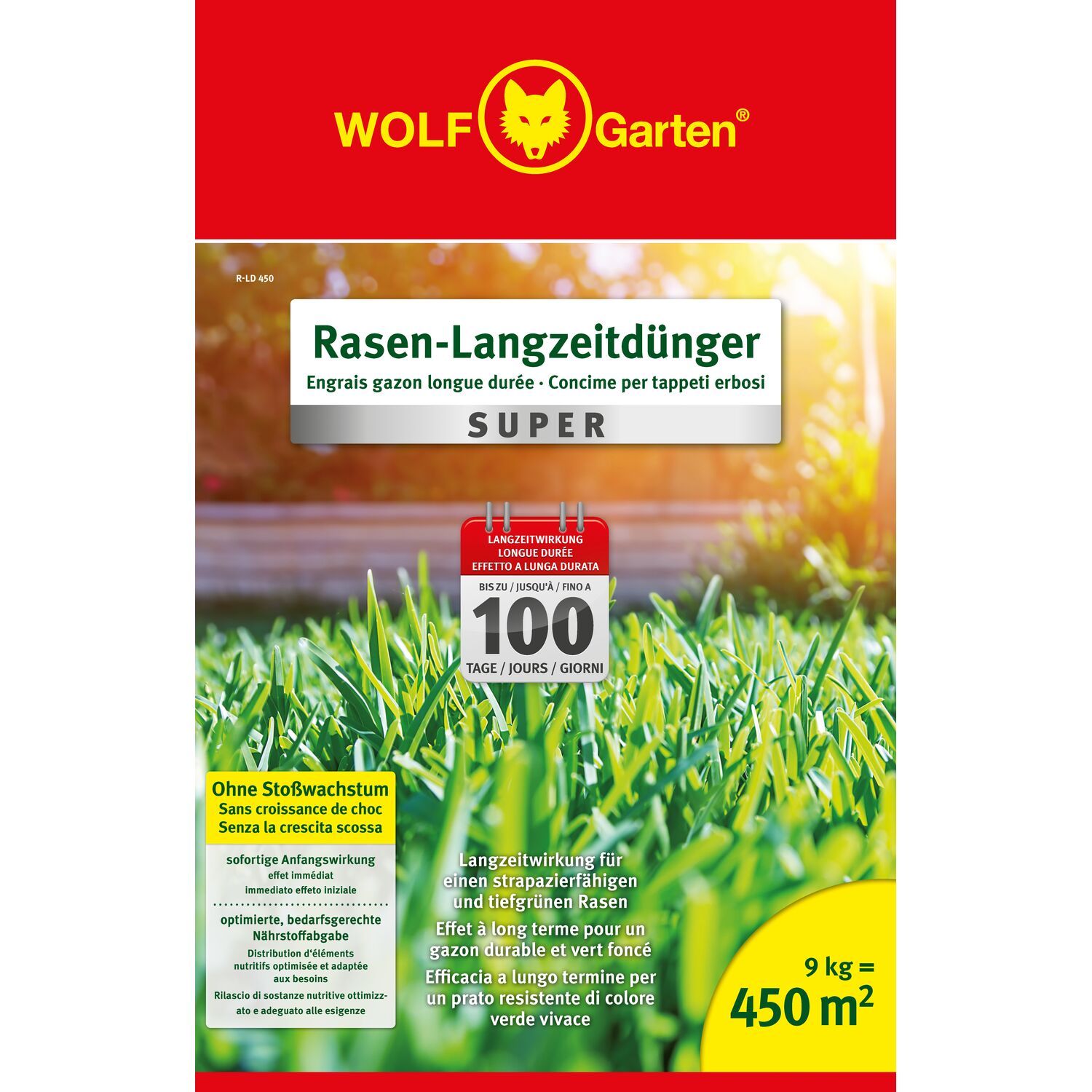 WOLF-Garten Long-Term Lawn Fertilizer "Super"" R-LD 450 plastic bag front view"