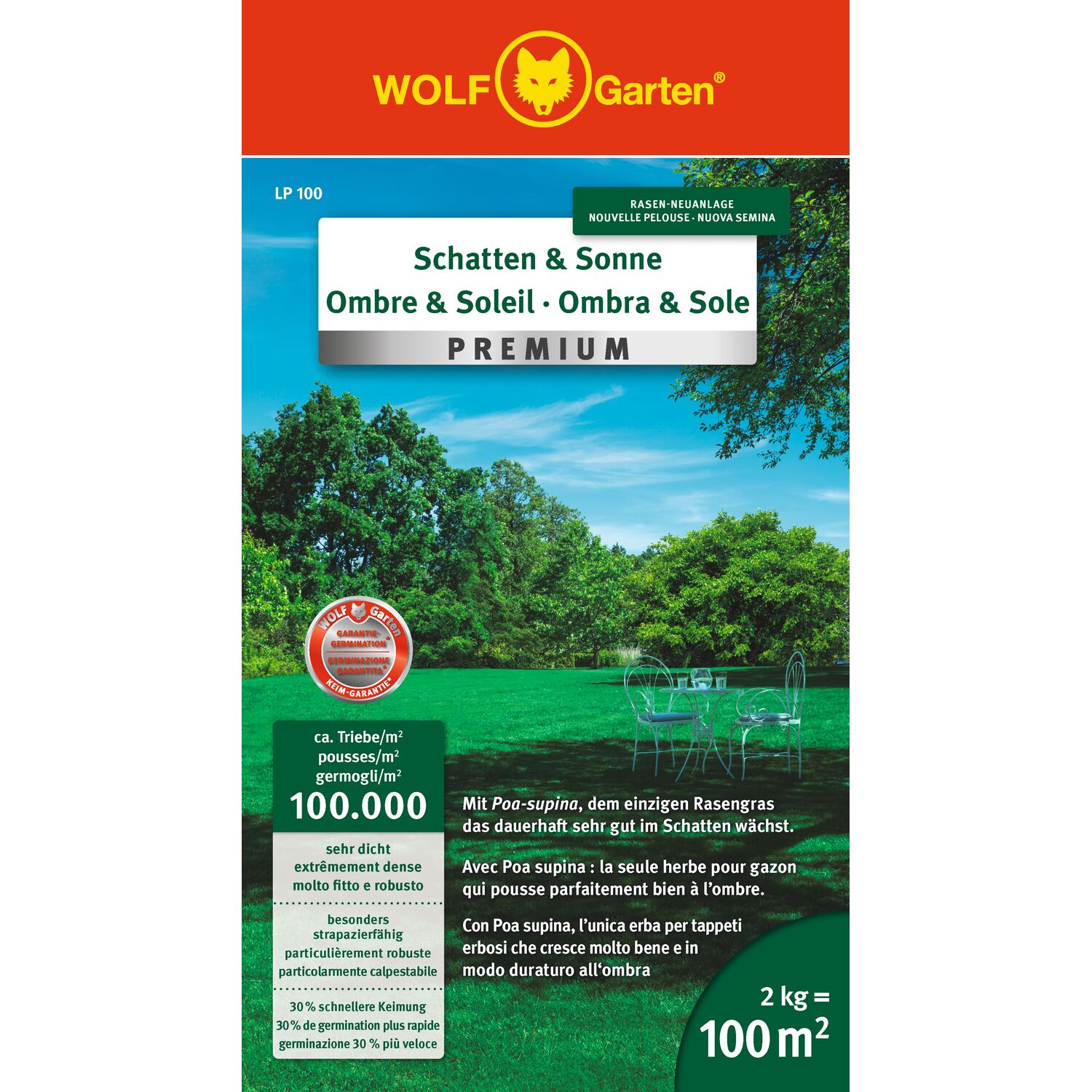 Packaging WOLF-Garten lawn seed LP 100, front