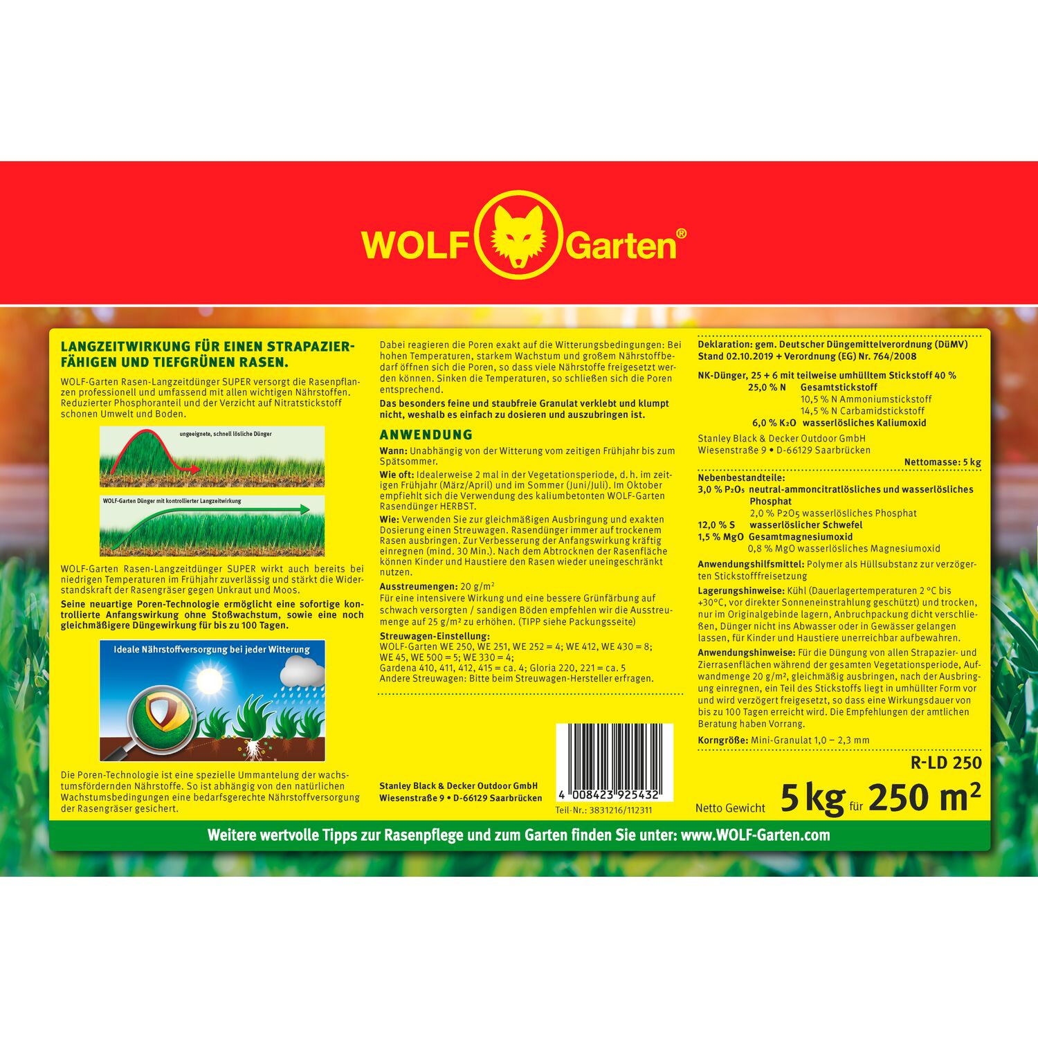 WOLF-Garten Long-Term Lawn Fertilizer "Super"" R-LD 250 paper bin rear view"