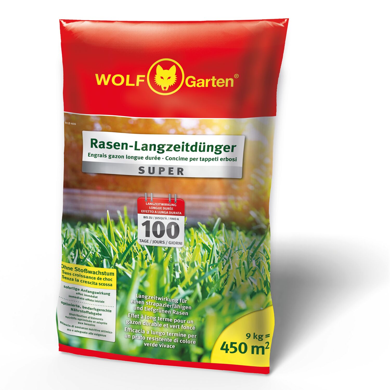 WOLF-Garten Long-Term Lawn Fertilizer "Super"" R-LD 450 plastic bag right angle view"
