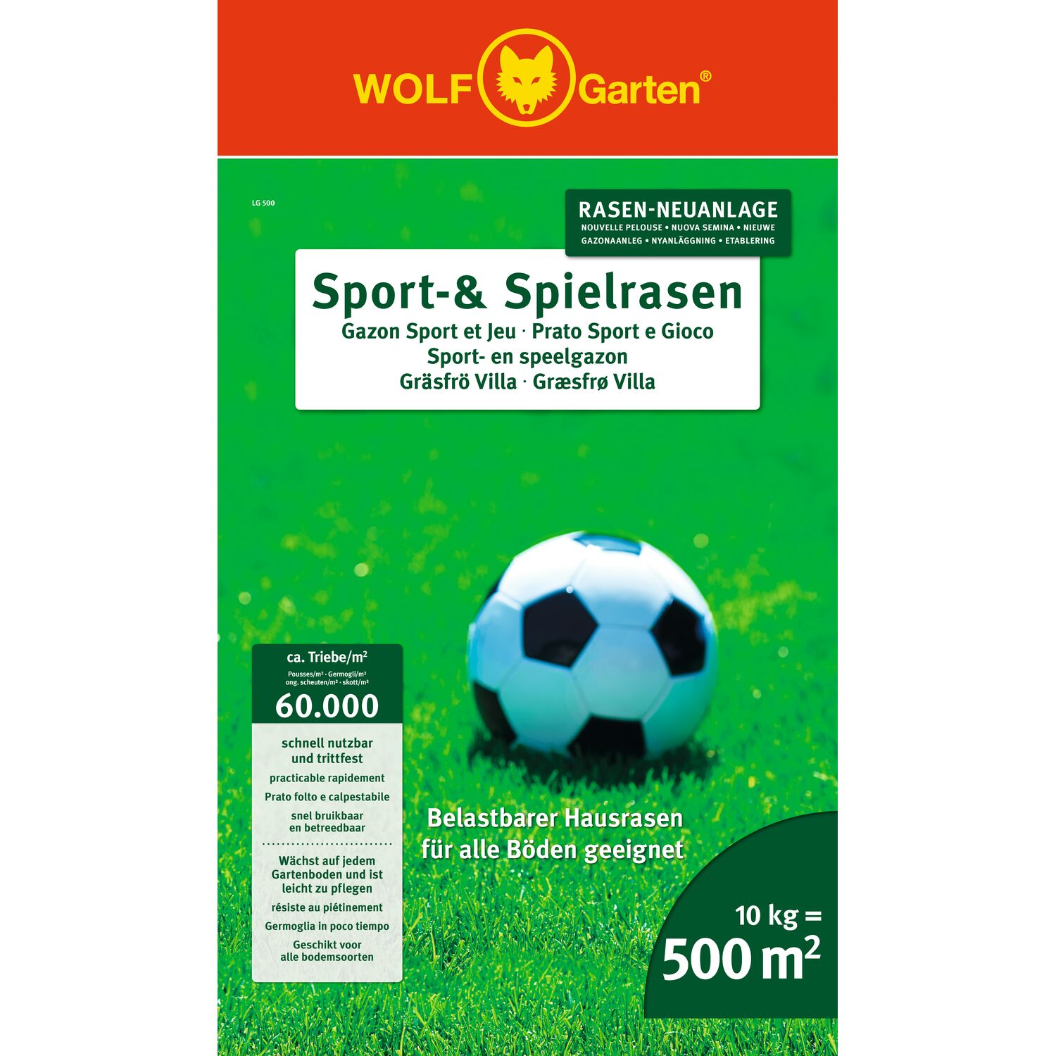 Packaging of WOLF-Garten lawn seed LG 500, front