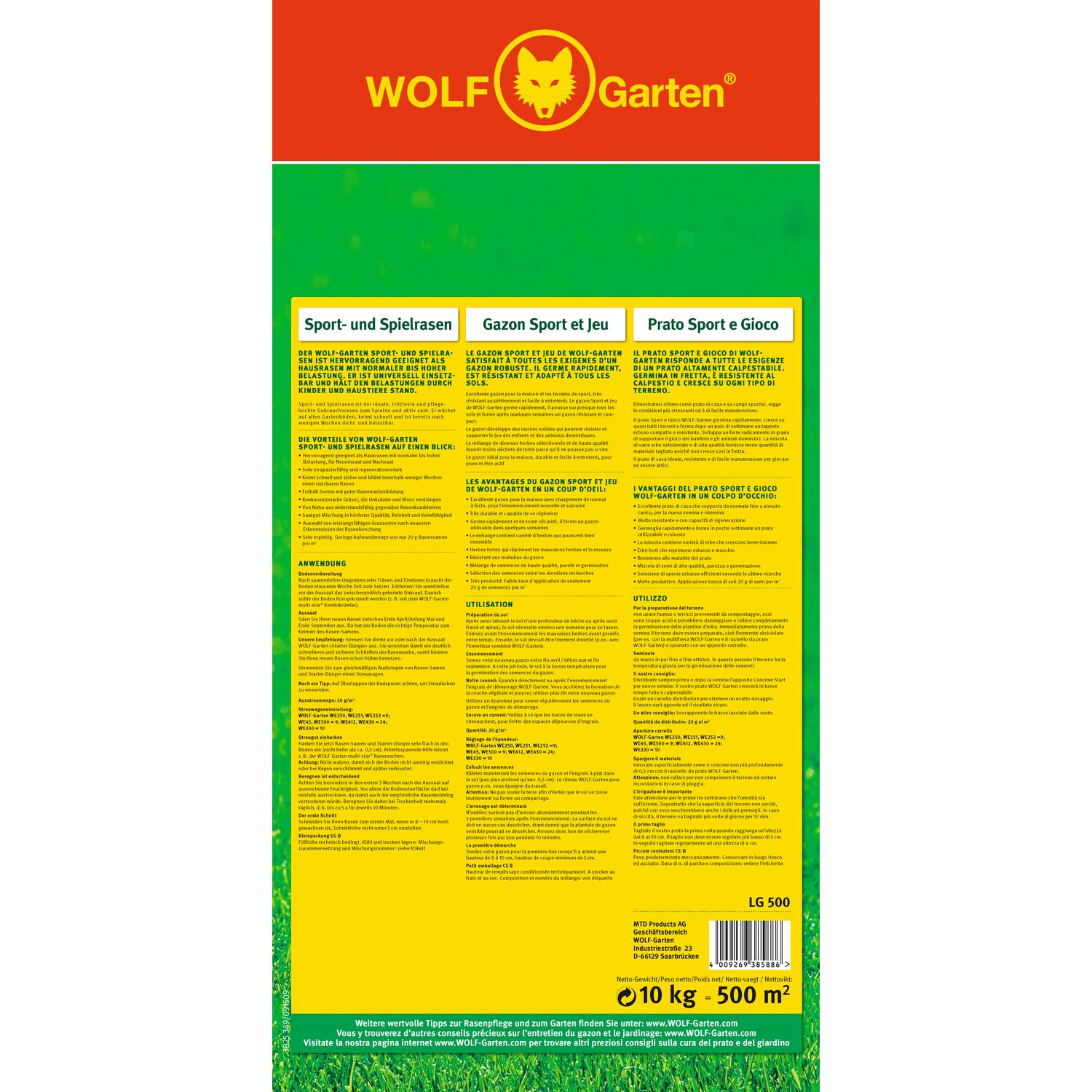 Packaging of WOLF-Garten lawn seed LG 500, back