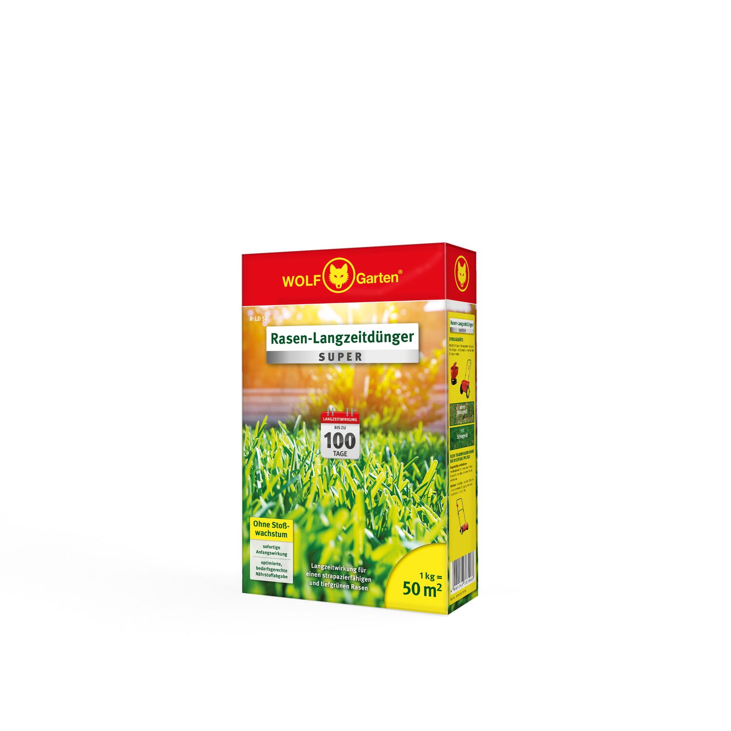 WOLF-Garten Long-Term Lawn Fertilizer "Super"" R-LD 50 folding box right angle view"