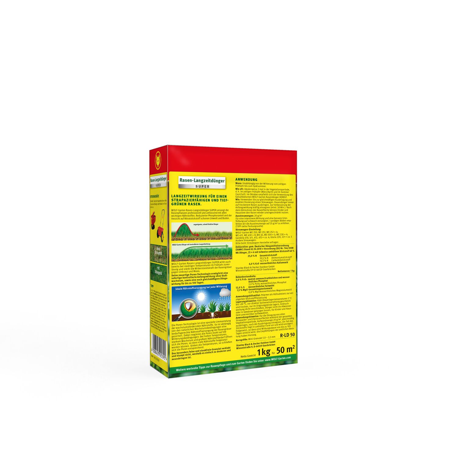 WOLF-Garten Long-Term Lawn Fertilizer "Super"" R-LD 50 folding box left angle view back side"