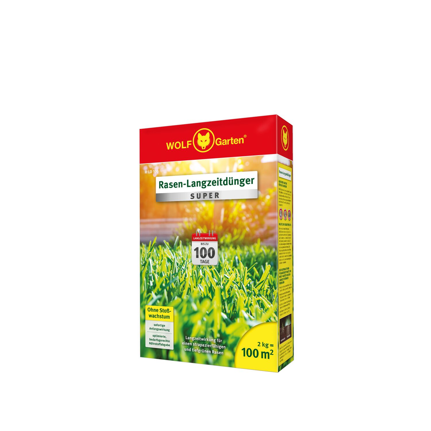 WOLF-Garten Long-Term Lawn Fertilizer "Super"" R-LD 100 folding box right angle view"