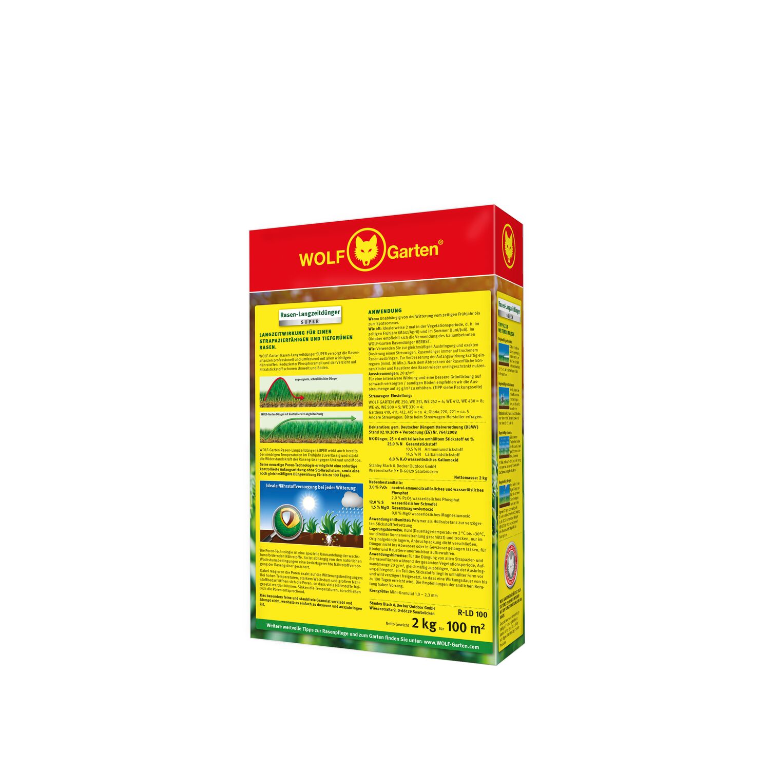 WOLF-Garten Long-Term Lawn Fertilizer "Super"" R-LD 100 folding box right angle view back side"