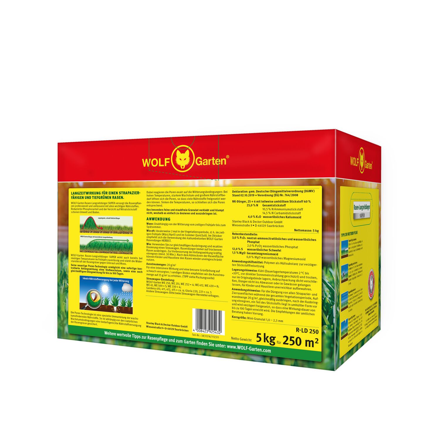 WOLF-Garten Long-Term Lawn Fertilizer "Super"" R-LD 250 paper bin right angle view back side"