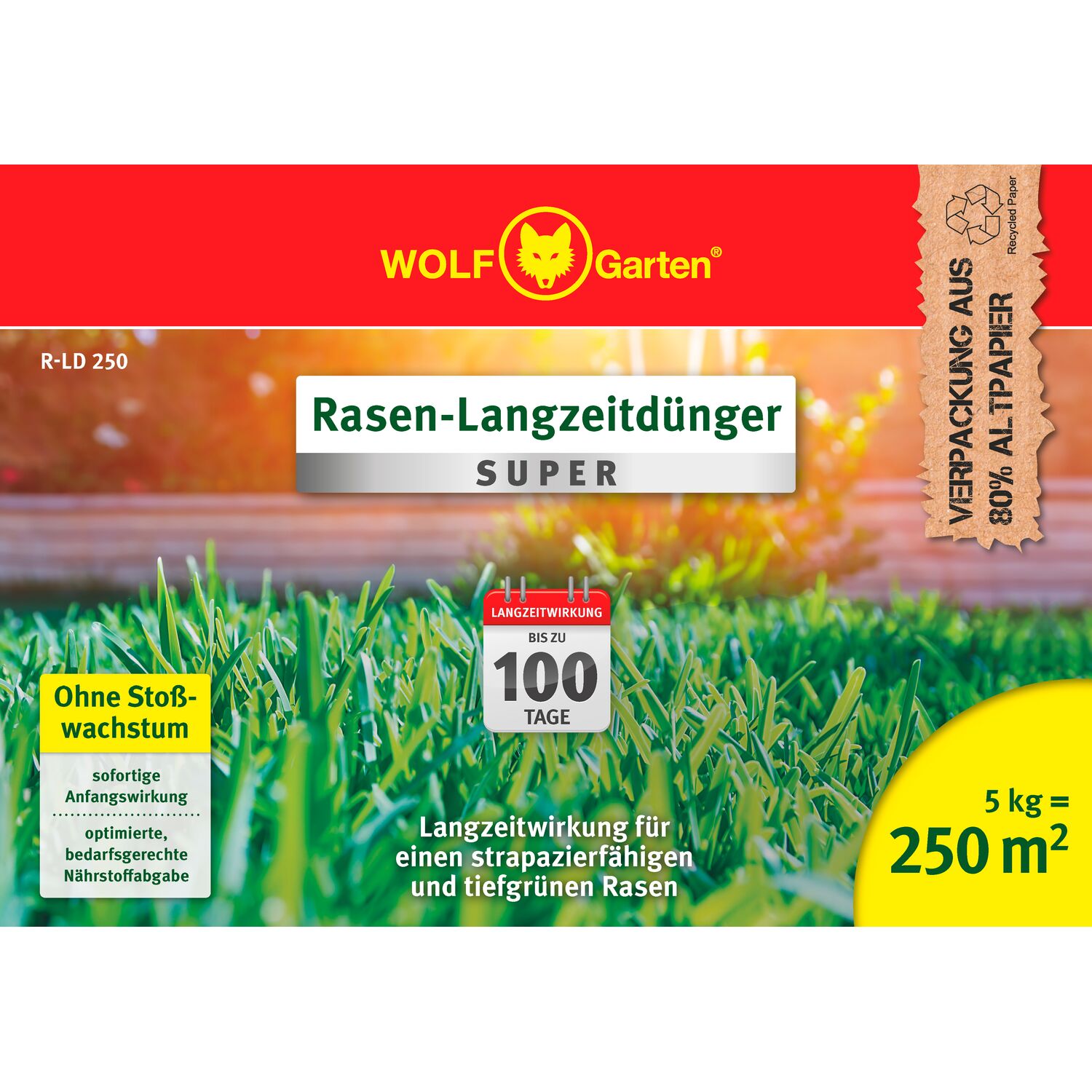 WOLF-Garten Long-Term Lawn Fertilizer "Super"" R-LD 250 paper bin front view"